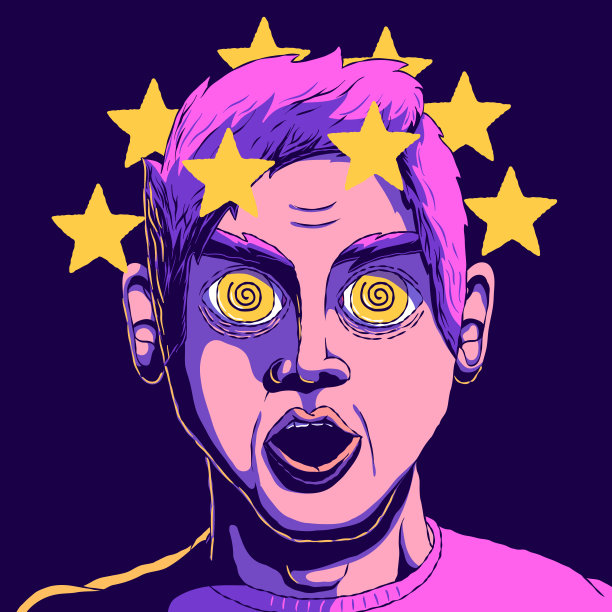 手绘的卡通人物张大嘴巴-星星在他的脑袋和头晕。图片下载