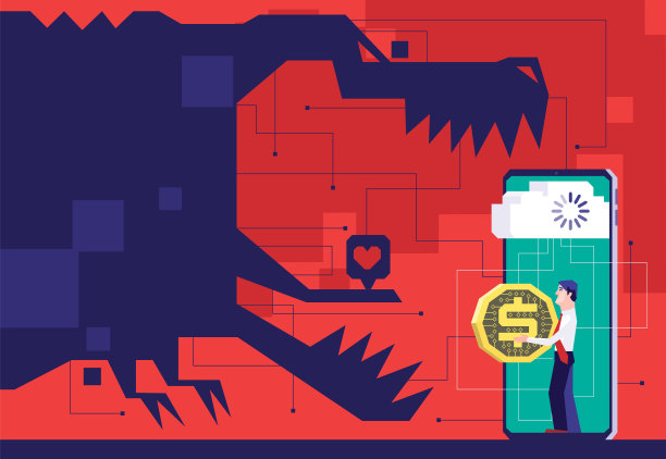 商人拿着智能手机上的电子硬币，面对愤怒的恐龙影子图片下载