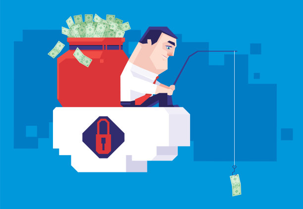 商人坐在云朵上，带着一袋钞票和钓鱼图片下载