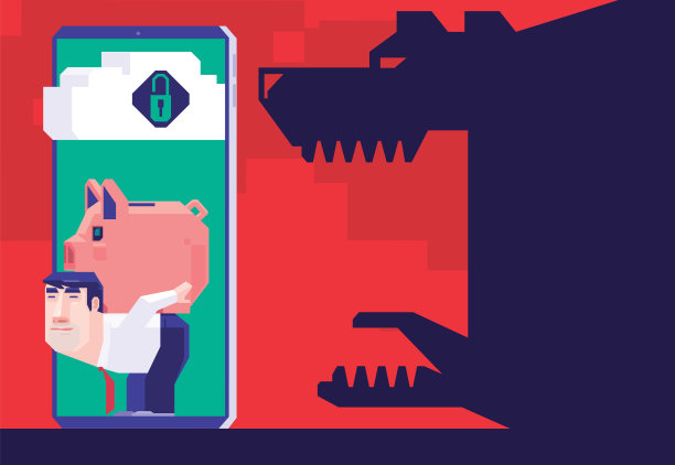 商人在智能手机上带着存钱罐，后面跟着愤怒的野兽影子图片下载