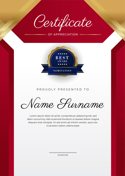 红色、金色豪华奖状模板，多用途奖状边饰徽章设计。优雅的红色和金色毕业证模板图片下载