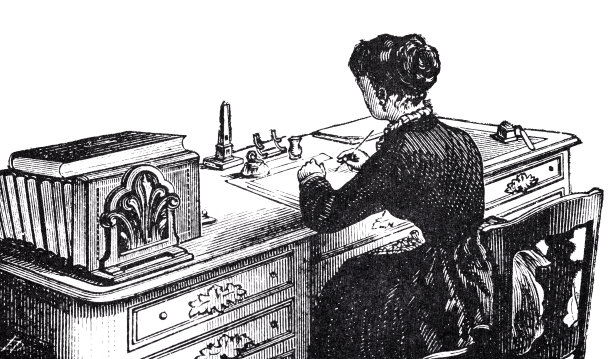 年轻女子坐在德旁写信，左边是一摞书，白色背景，从侧面看后景图片下载