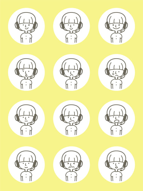 可爱的头像图标(面部表情，表情符号)的女孩戴着耳机在细线风格图片下载