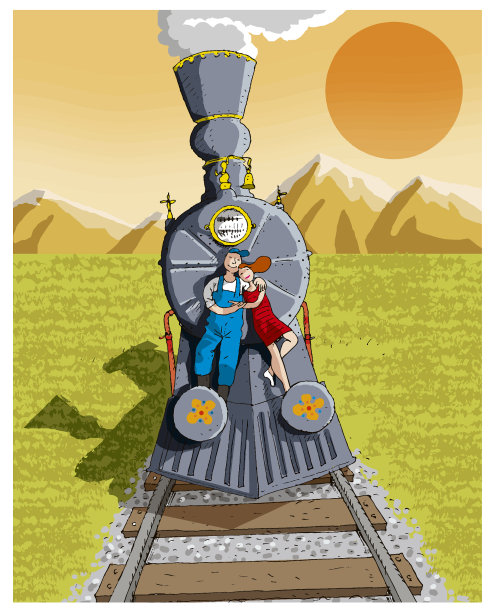 蒸汽火车前的火车司机和他的情人图片下载