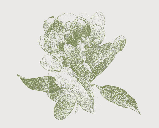 多重曝光的年轻女子和苹果花图片下载