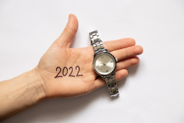 手持写有2022字样的腕表，新年快乐图片下载