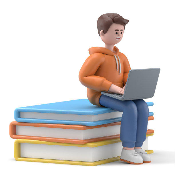 微笑的亚洲男性卡迪尔坐在大书上的3D插图。概念移动应用程序和书籍。白色背景的3D渲染。图片下载