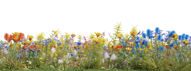 3D渲染现实常绿的花和草地在自然界，花在花园在春天，热带森林孤立的白色背景图片下载