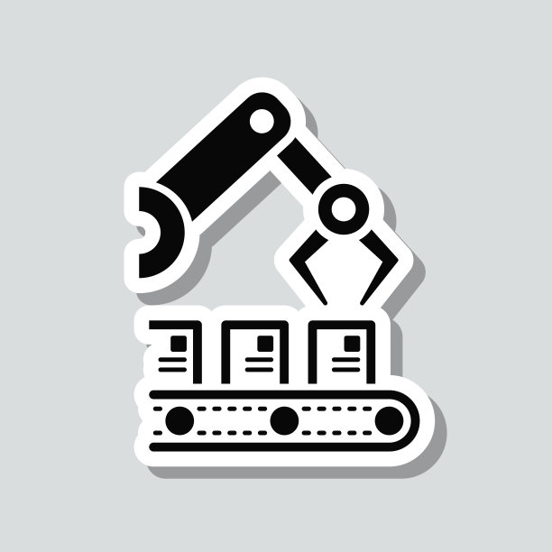 生产线上的机械臂。图标贴纸在灰色背景图片下载