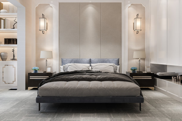 3d渲染豪华现代卧室套房在酒店与电视和橱柜图片下载