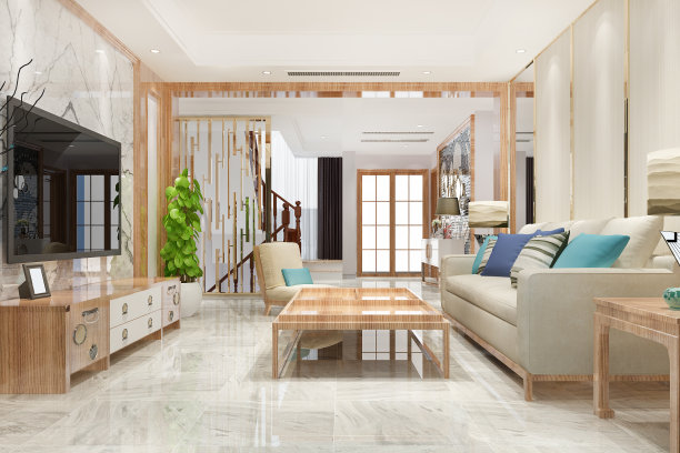 3d渲染复古色彩的客厅，复古风格图片下载