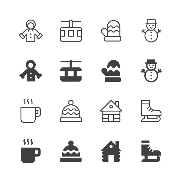 冬季线和固体图标。可编辑的笔画，包含这样的图标，衣服，寒冷的温度，手套，小屋，溜冰，滑雪，雪，雪花，雪人，运动，冬天。图片下载