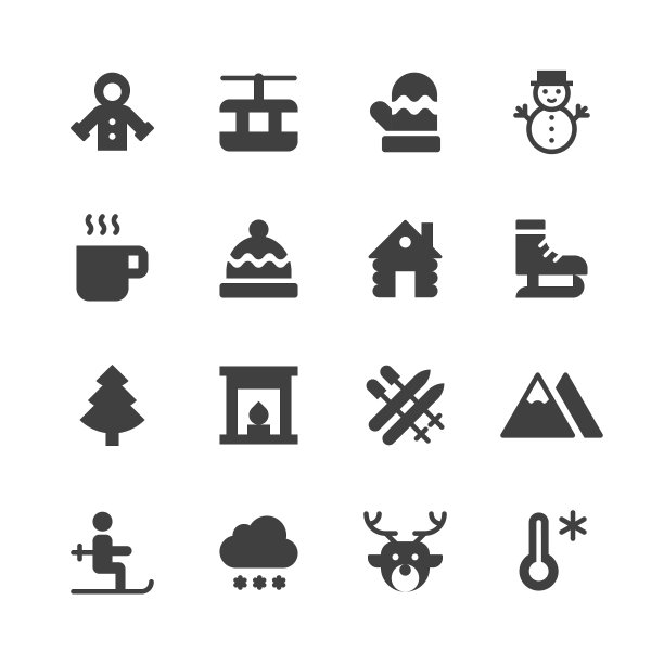 冬天坚实的图标。可编辑的笔画，包含这样的图标，如圣诞树，攀登，衣服，寒冷的温度，壁炉，手套，小屋，山，驯鹿，溜冰，滑雪，滑雪板，雪橇，雪，雪花，雪人，袜子，运动，风，冬天，冬天帽子。图片下载