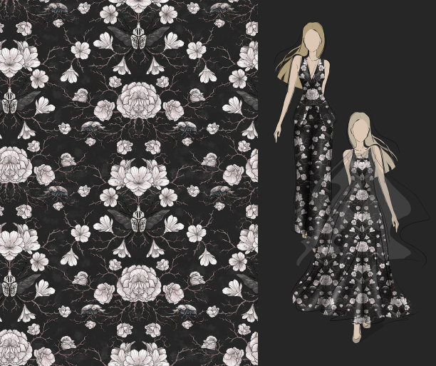 时尚的印花图案。手绘、时装插画、女装、面料设计。图片下载