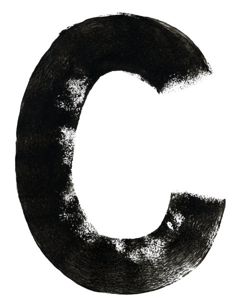 大圆形的C标志与一个大写字母-矢量插图在白纸上的背景画由一个运动由一个线由油漆滚轮和厚黑色丙烯酸漆-图形模板与奇妙的粗糙不平和肮脏的纹理图片下载