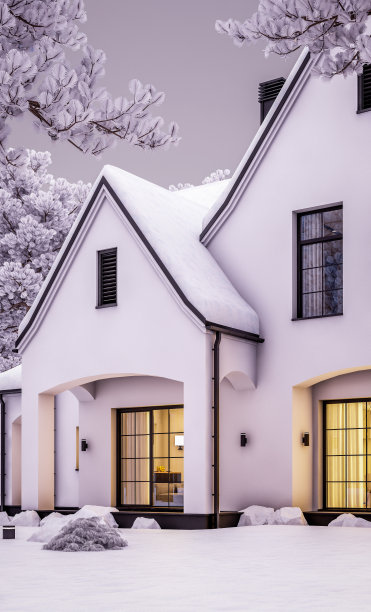 冬季傍晚的黑白现代都铎式房屋3d渲染图图片下载