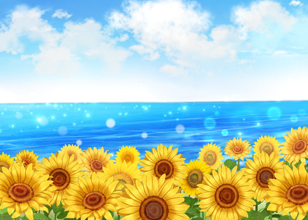 向日葵和大海景观插图图片下载