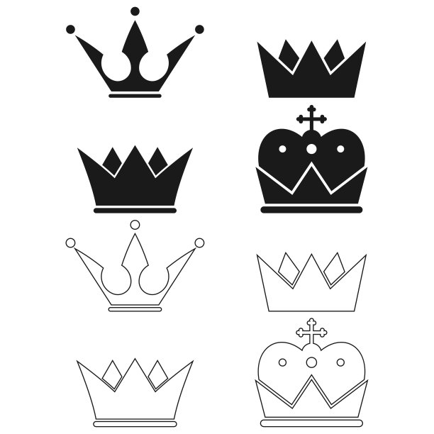 皇冠黑色轮廓矢量集孤立的白色背景。图片下载