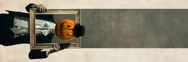 中世纪人的肖像，男人穿着优雅的西装，南瓜头拿着相框。当代艺术拼贴图片下载