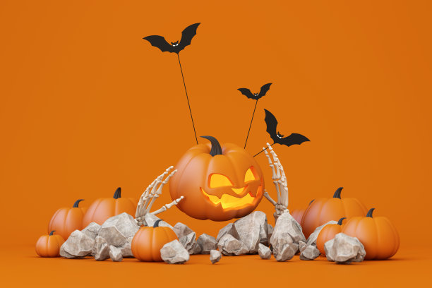 万圣节快乐横幅或派对邀请。橙色主题产品展示平台，背景是一组蝙蝠和杰克南瓜南瓜和骷髅手。三维渲染图图片下载