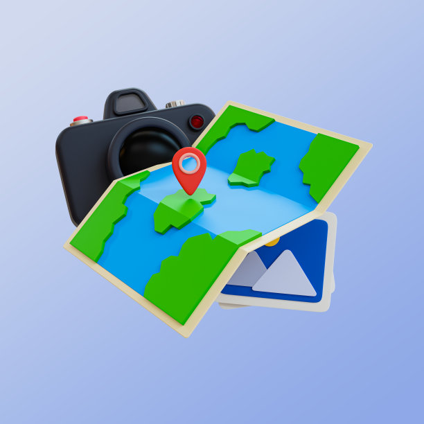 3d最小照片拍摄概念。拍照的位置。休假时间。假期旅行。地图与相机和照片画廊图标。3 d演示。图片下载