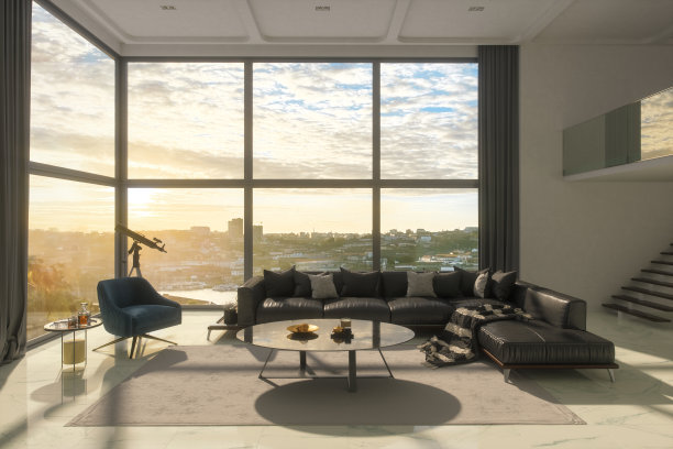 豪华阁楼客厅与美丽的城市景观图片下载