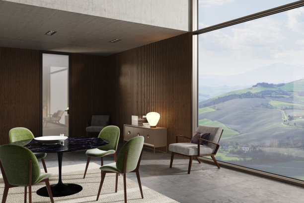 现代室内设计。带大全景窗户的公寓。三维演示图片下载