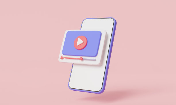 视频播放器在浏览器上的手机上粉红色的背景。视频流，实时数字流多媒体播放器，在线视频，社交媒体。视频媒体概念。3d渲染插图，卡通最小图片下载