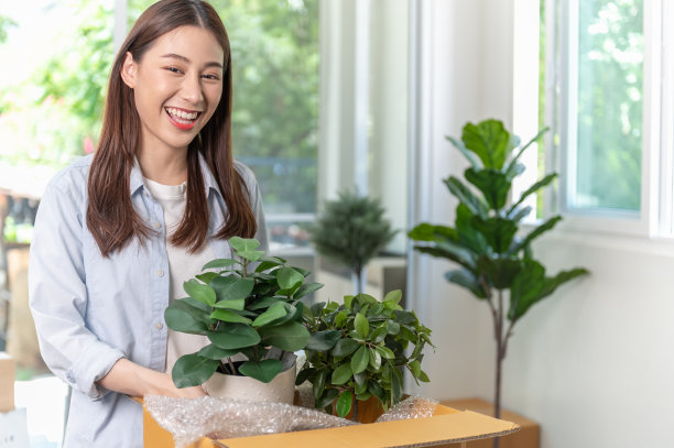年轻迷人的亚洲女人的肖像小企业主包装树花盆到纸板箱交付给客户。网上商务和电子商务的概念。图片下载