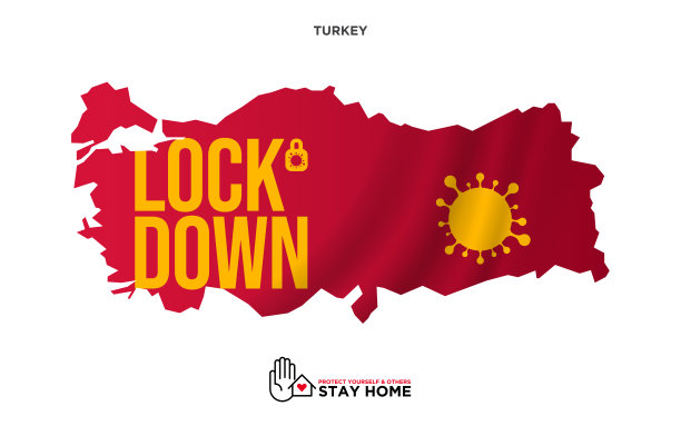 封锁的概念。土耳其的地图。2019冠状病毒病爆发流感作为危险流感毒株的案例作为大流行概念横幅平面样式插图，2019冠状病毒病库存插图库存插图图片下载