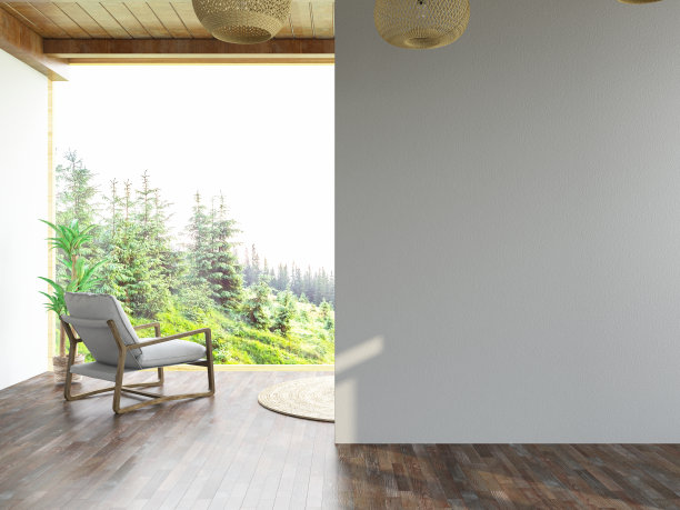 宁静的风景扶手椅与森林景观和空白墙图片下载