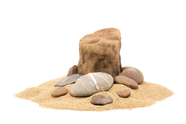 岩石在沙堆孤立的白色背景和纹理图片下载