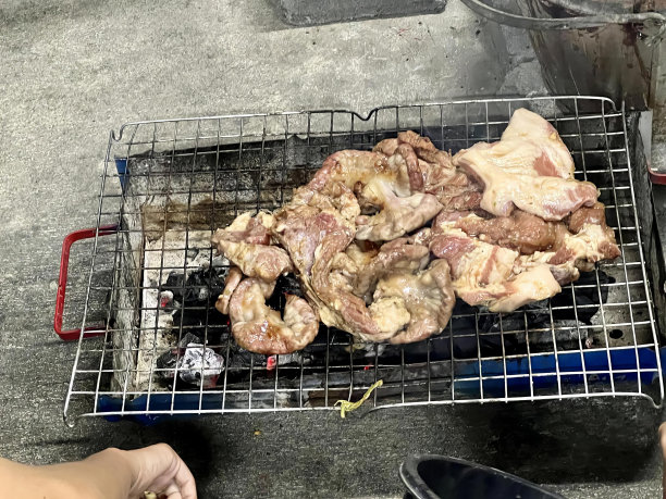 一个人用手在烤架上烤鸡肉的照片，烤架上烤着很多块肉。图片下载