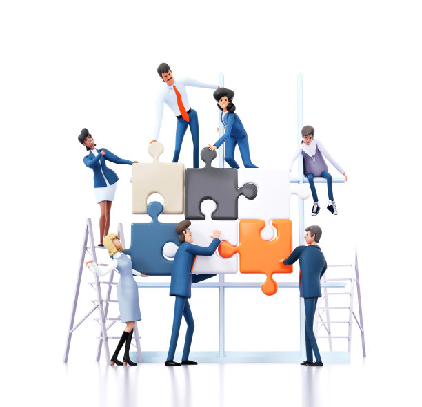 一群成功的商业人士一起解决难题，整理问题，互相帮助。3D渲染图图片下载