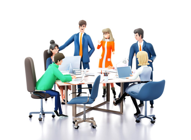 一个成功的商业团队，在办公室里一起工作，在一个项目上合作，交流和分享想法。3D渲染图图片下载