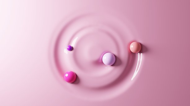 液体背景，其中四个球描绘圆圈。3 d渲染。图片下载