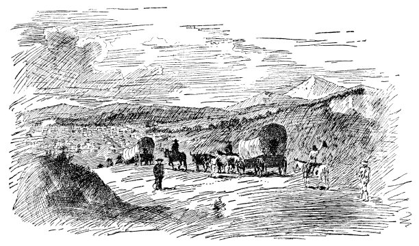 马车队抵达圣达菲，新墨西哥州，美国- 19世纪图片下载