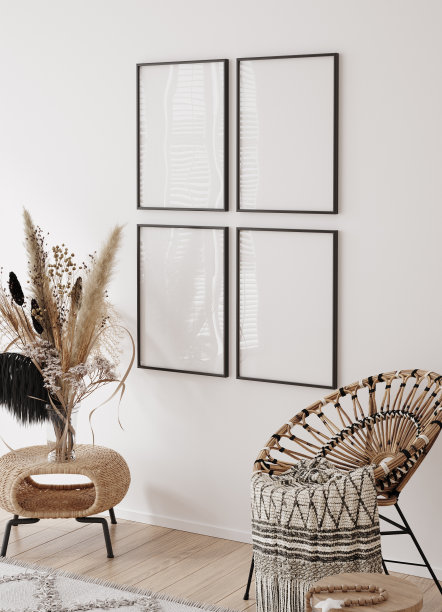 在家庭内部背景模拟框架，白色房间与天然木制家具，斯堪的纳维亚-波西米亚风格图片下载