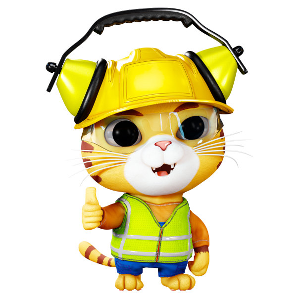 一只猫吉祥物的3D渲染插图，穿着工厂工程师的绿色制服，配有安全帽，护目镜和大拇指向上的标志图片下载