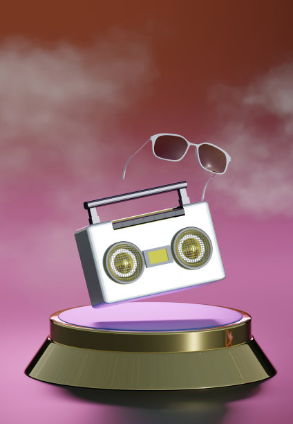 微距聚焦复古收音机与太阳镜漂浮在雾蒙蒙的场景。Boombox 3d渲染。图片下载