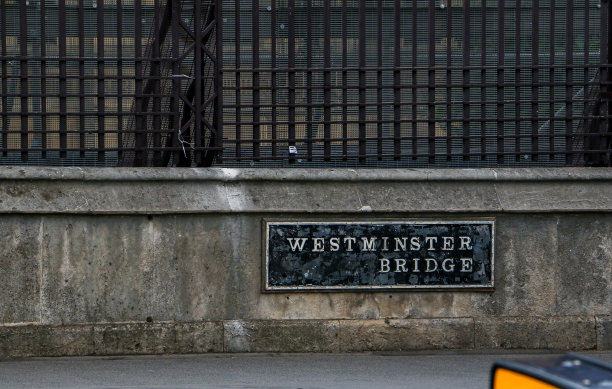 威斯敏斯特桥的街道标志，标志的一个最好的地方看到著名的大本钟和国会大厦图片下载