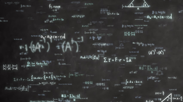 物理方程概念，数学计算，科学公式，算术和手写几何符号，黑底手写粉笔研究，三维渲染图片下载