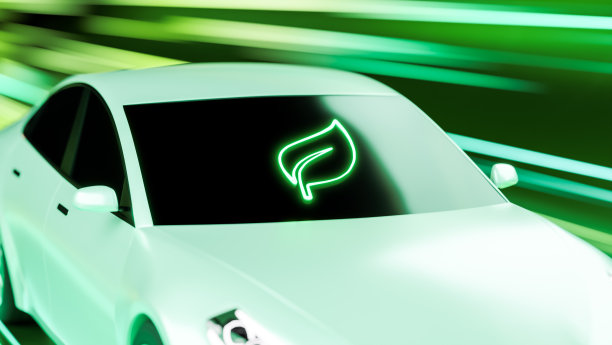 带叶子图标的电动汽车高速轻轨行驶，未来城市概念清洁绿色能源交通，生态可再生零排放动力电动汽车创新动态3D渲染图片下载