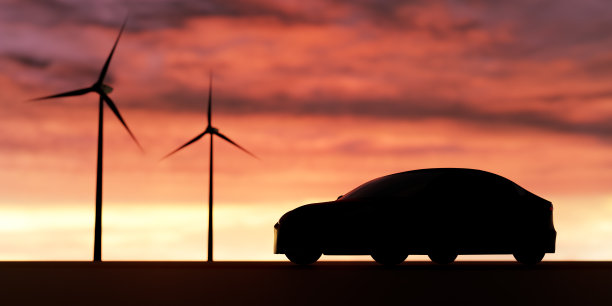 风电场动力电动车充电站配美丽的夕阳，替代可持续绿色能源，环保汽车充电，可再生清洁资源概念3d渲染图片下载