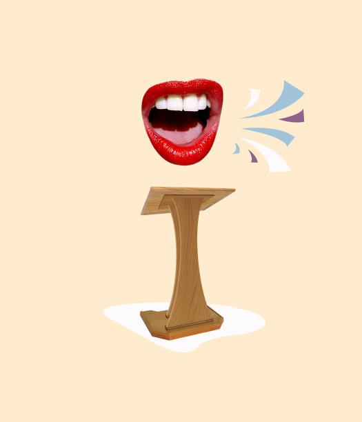 当代艺术拼贴木制讲台与嘴唇。图片下载