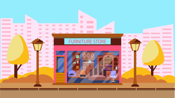 矢量插图的家具店。秋城中商店建筑的外立面。家具店的门面。矢量插图在平面卡通风格。图片下载