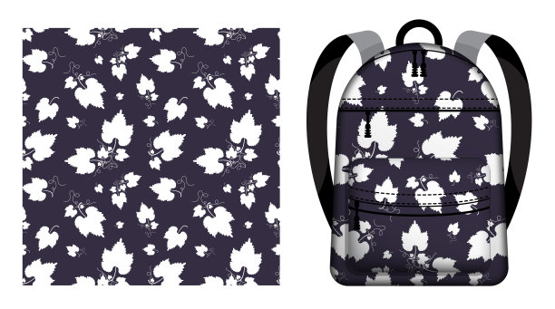 孩子们的学校背包用白色的叶子和卷须装饰的无缝图案。矢量装饰设计的海报和纺织品印刷图片下载