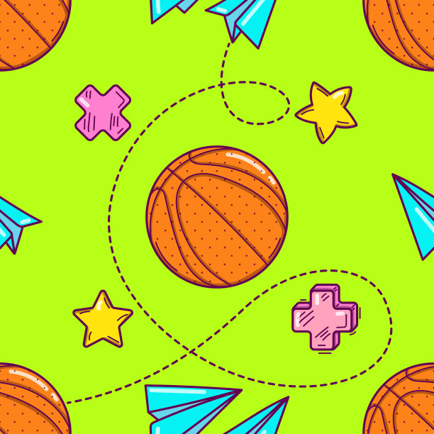 无缝图案与篮球涂鸦风格的绿色背景图片下载