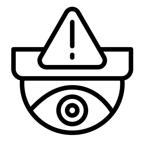 天花板监控摄像头惊叹号线图标，监控概念，警报矢量标志在白色背景，轮廓风格图标移动概念网页设计。矢量图形。图片下载