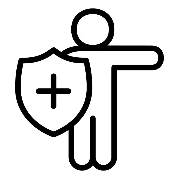 有医疗护盾线图标的人。防护病毒卫生盾标志，白色背景上的轮廓式象形文字。预防标识移动概念和web。图片下载